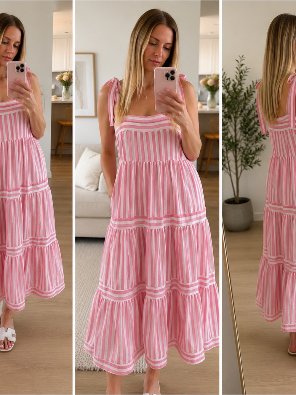 entro Pink and White Striped Tie-Shoulder Tiered Maxi Dress